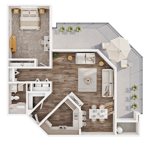Floor plan for 1 bed, 1 bath, 889 sqft